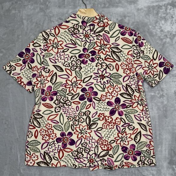 Hot Cotton Shirt Womens Large Cream Multicolor Floral Button Front Short Sleeve - Picture 2 of 11